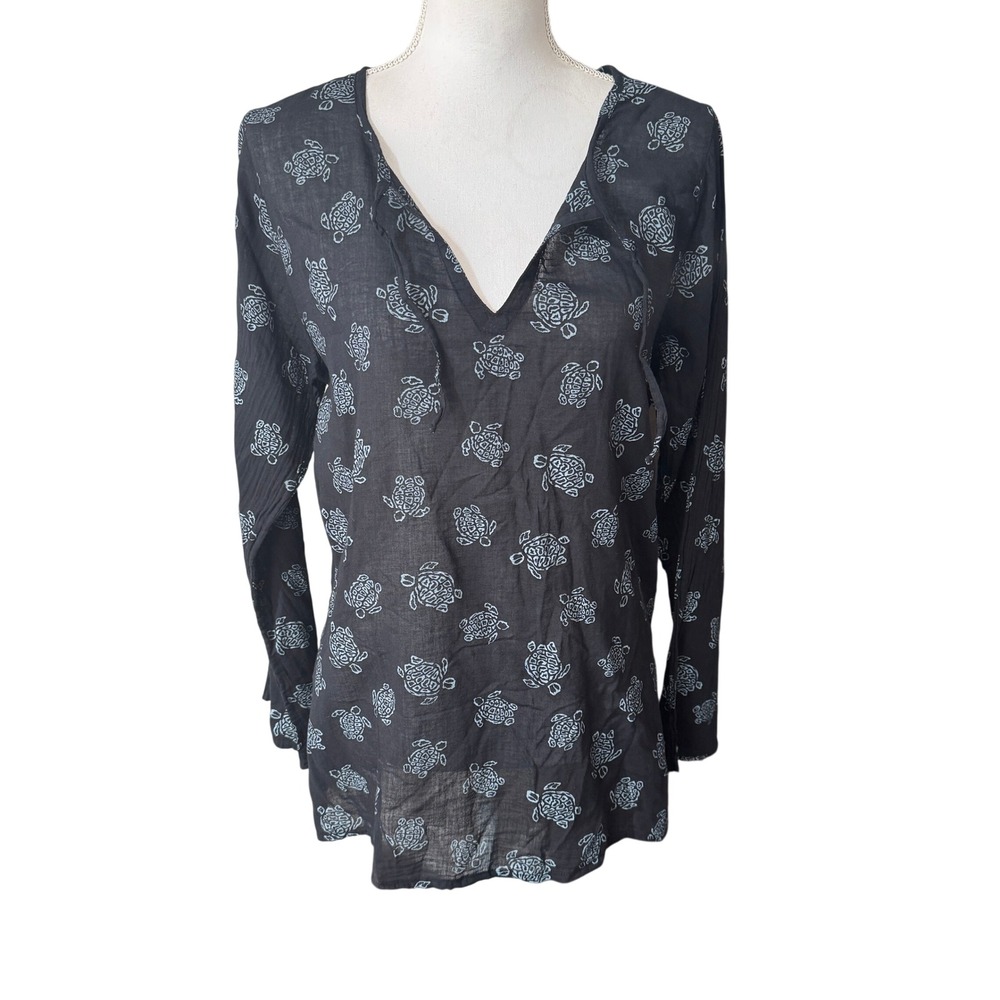 Fresh Produce Dark Blue Sea Turtle Print Cotton Gauze Tunic Top Size M/L Coastal